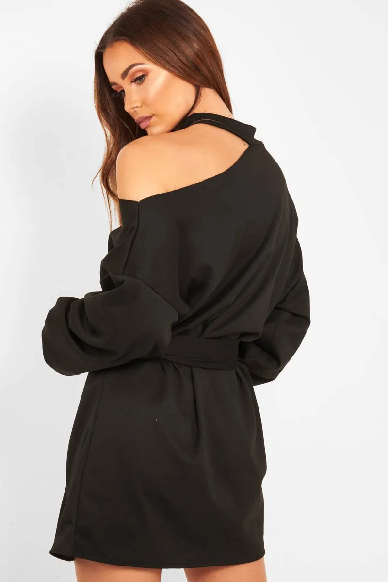 Black Belted Cold Shoulder Jumper Dress - Elston