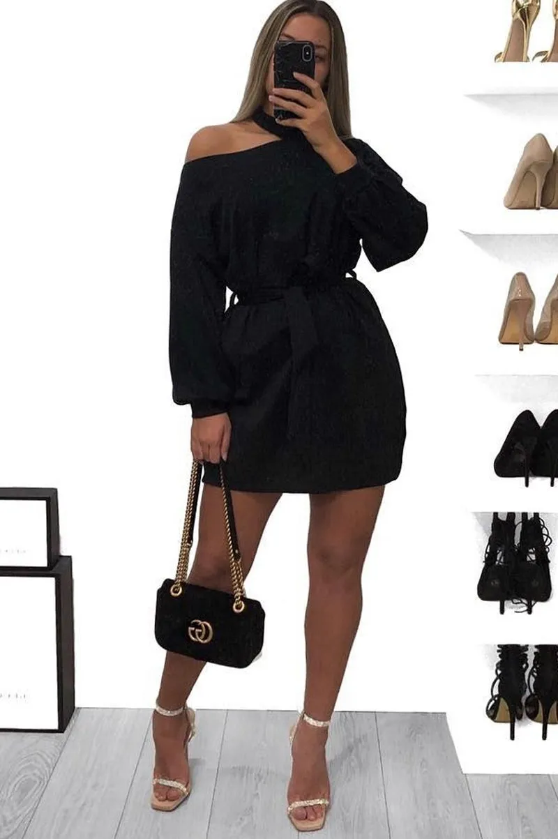 Black Belted Cold Shoulder Jumper Dress - Elston