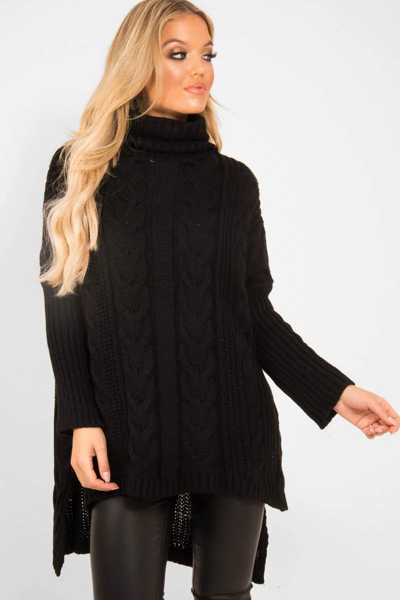 Black Cable Knit Roll Neck Jumper - Laraina