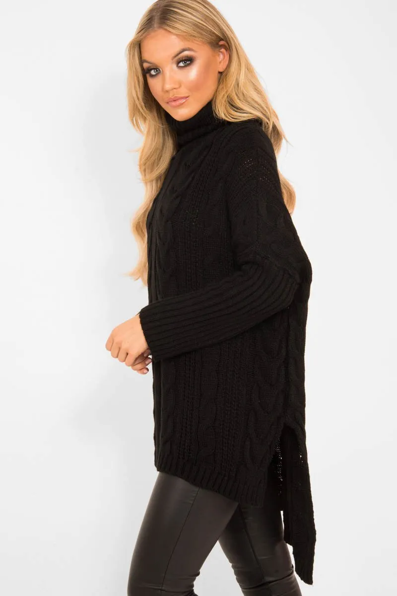 Black Cable Knit Roll Neck Jumper - Laraina