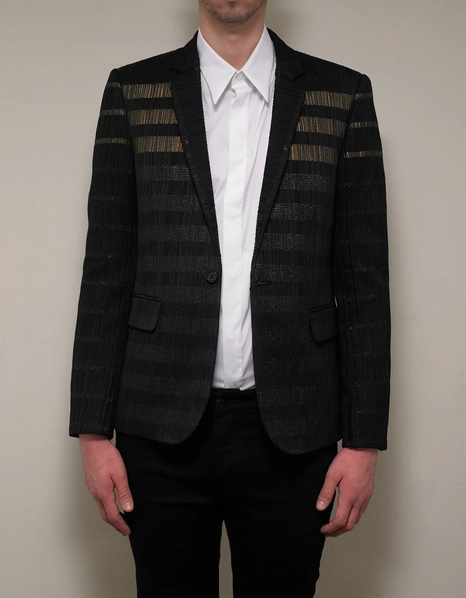 Black Glitter Stripe Wool-Blend Blazer