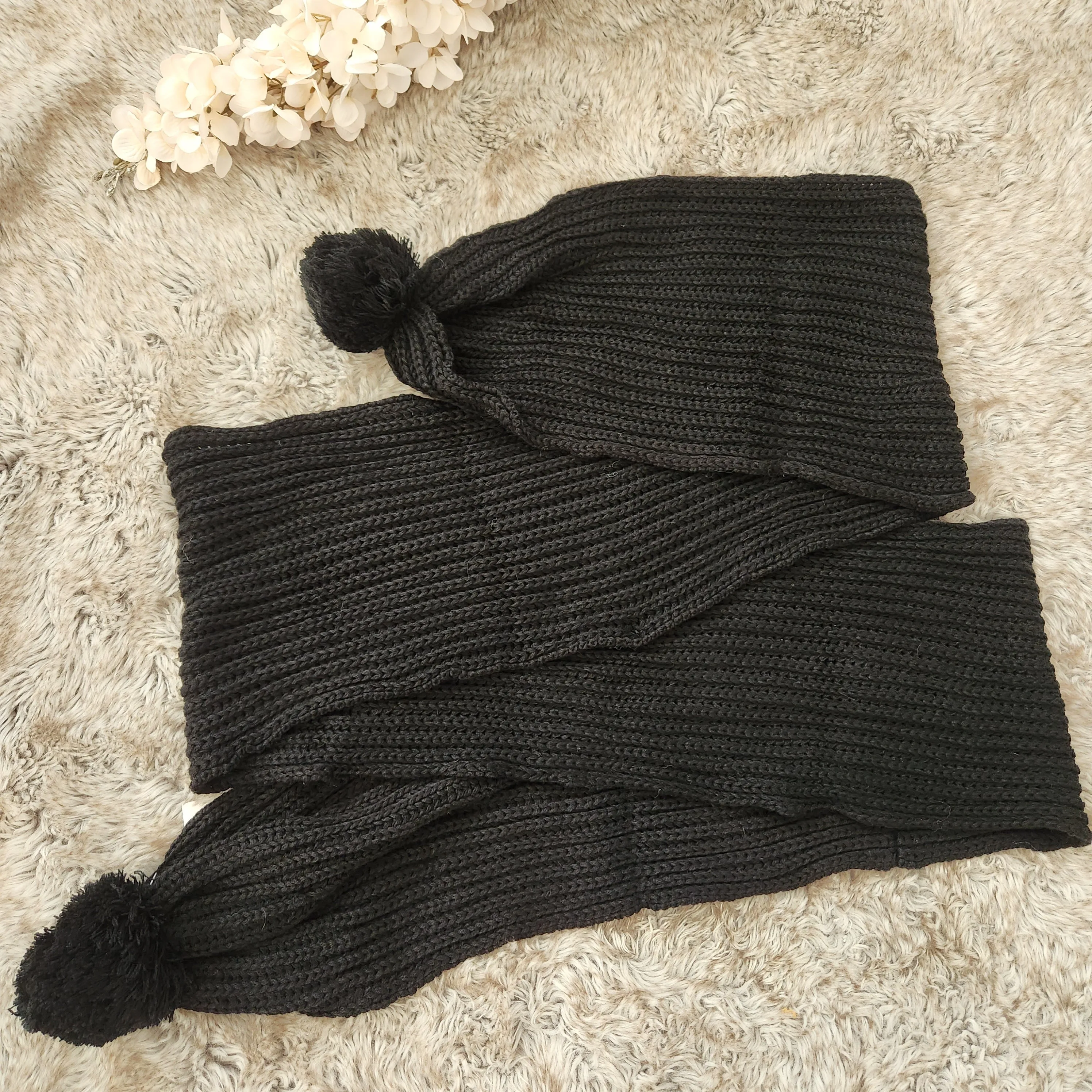 Black Knit Pom Pom Scarf