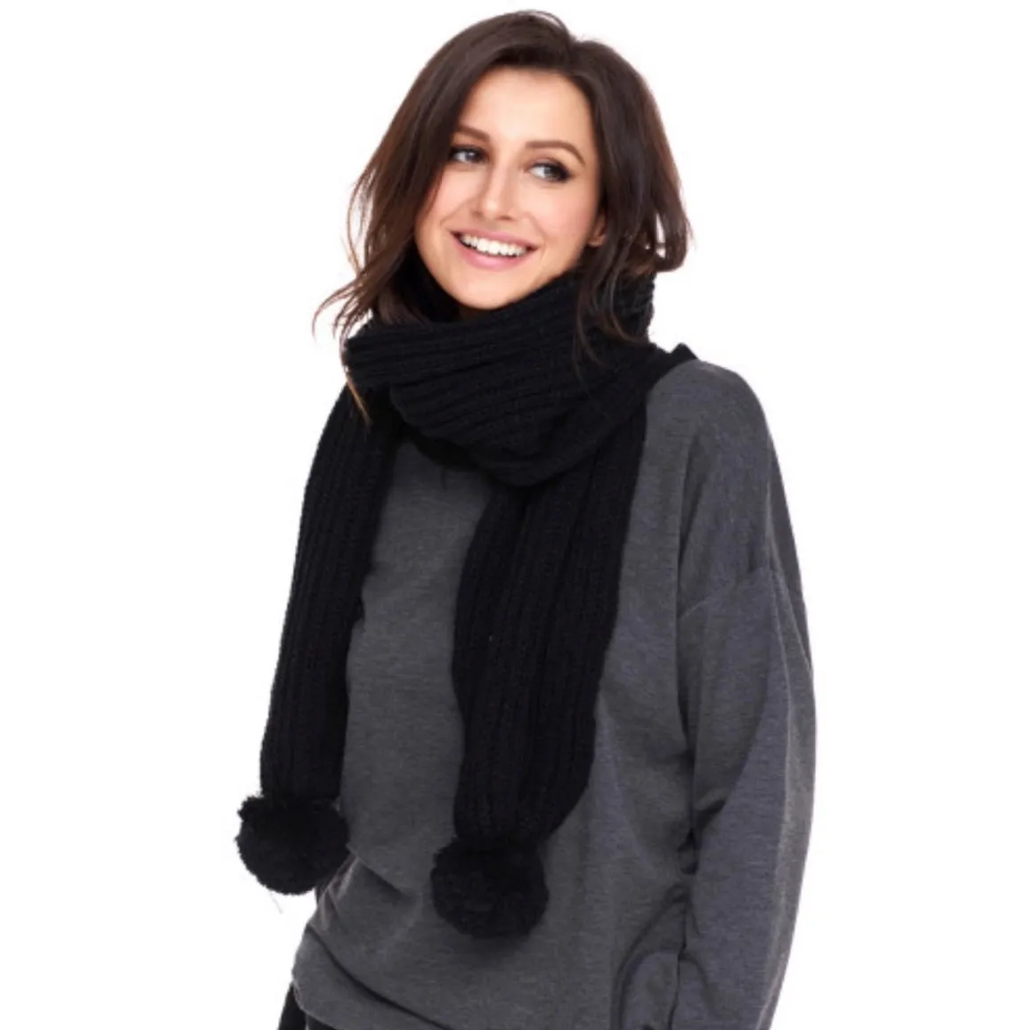 Black Knit Pom Pom Scarf