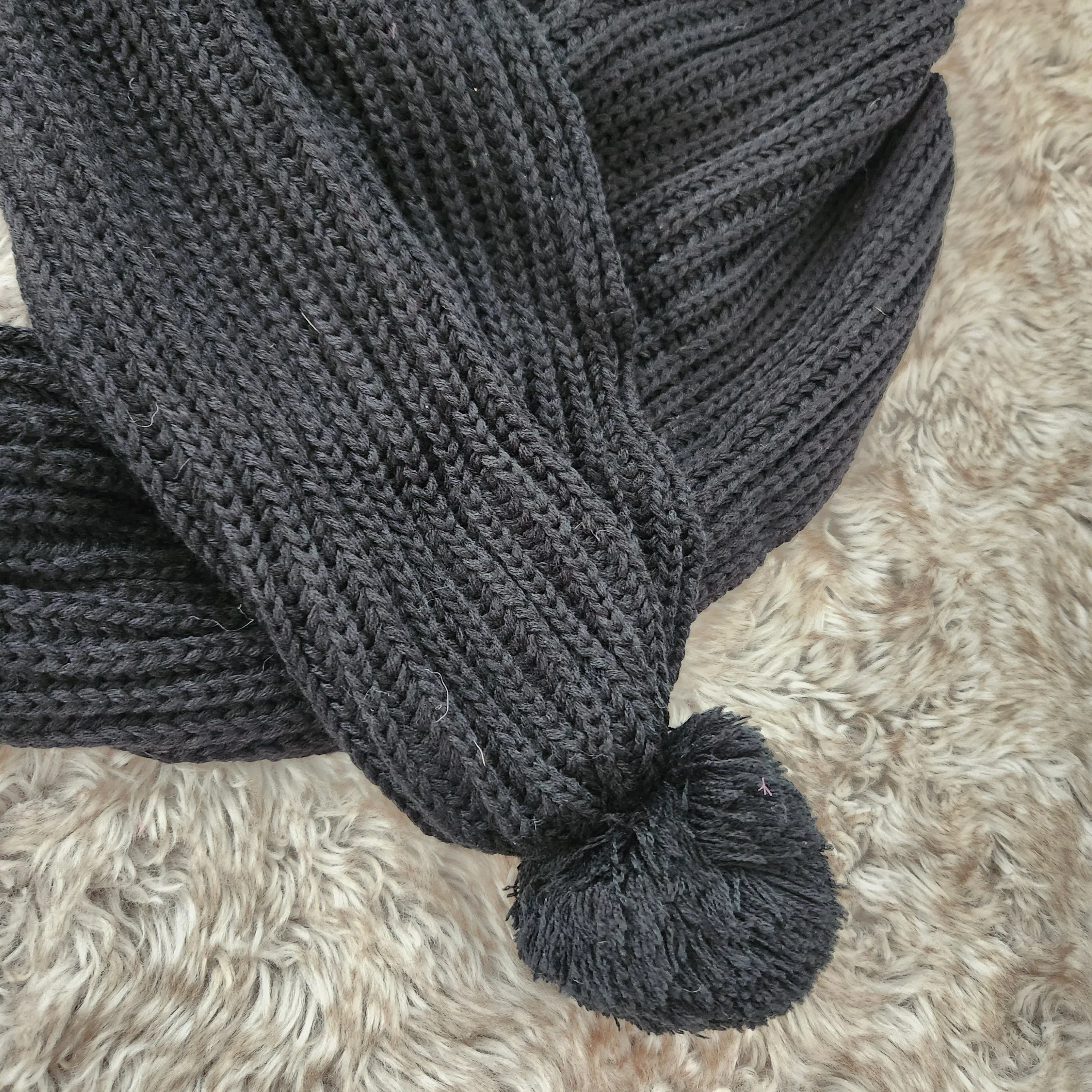 Black Knit Pom Pom Scarf