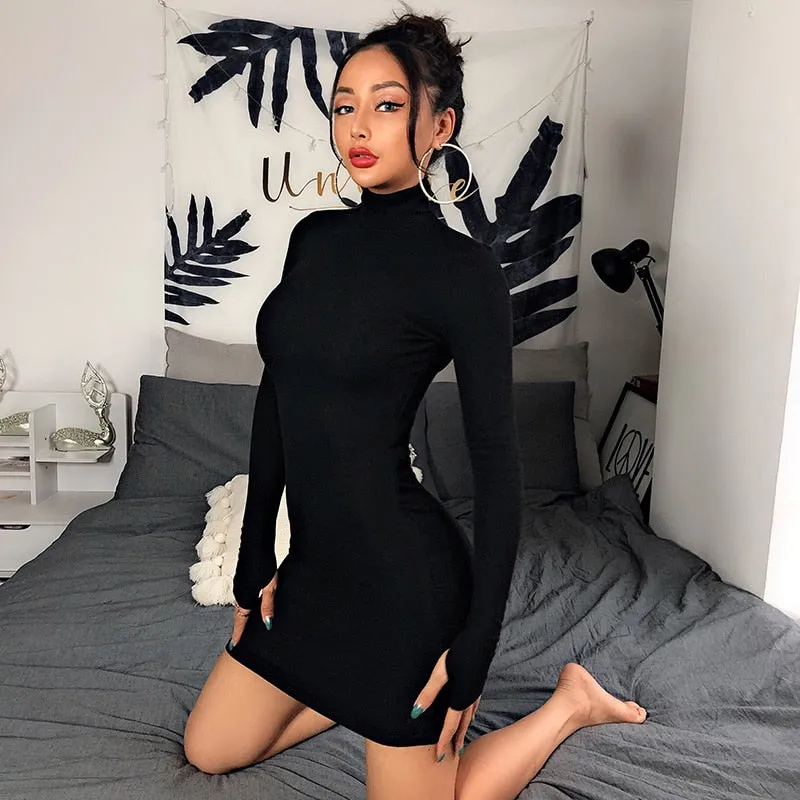 Black Long Sleeve Turtleneck Mini Dress for Women | Casual Cotton Dress