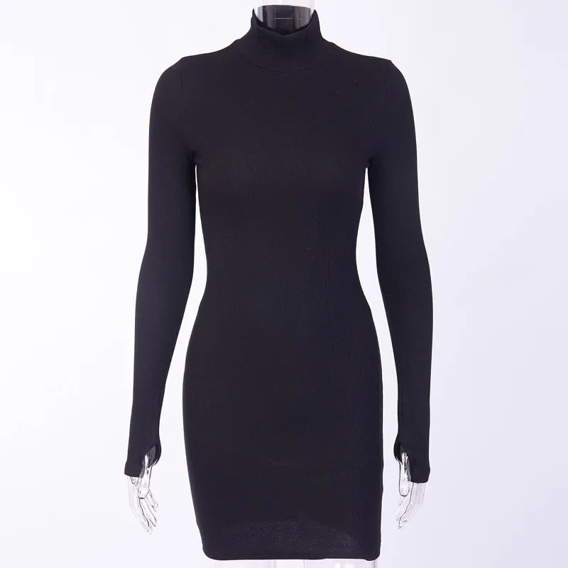 Black Long Sleeve Turtleneck Mini Dress for Women | Casual Cotton Dress