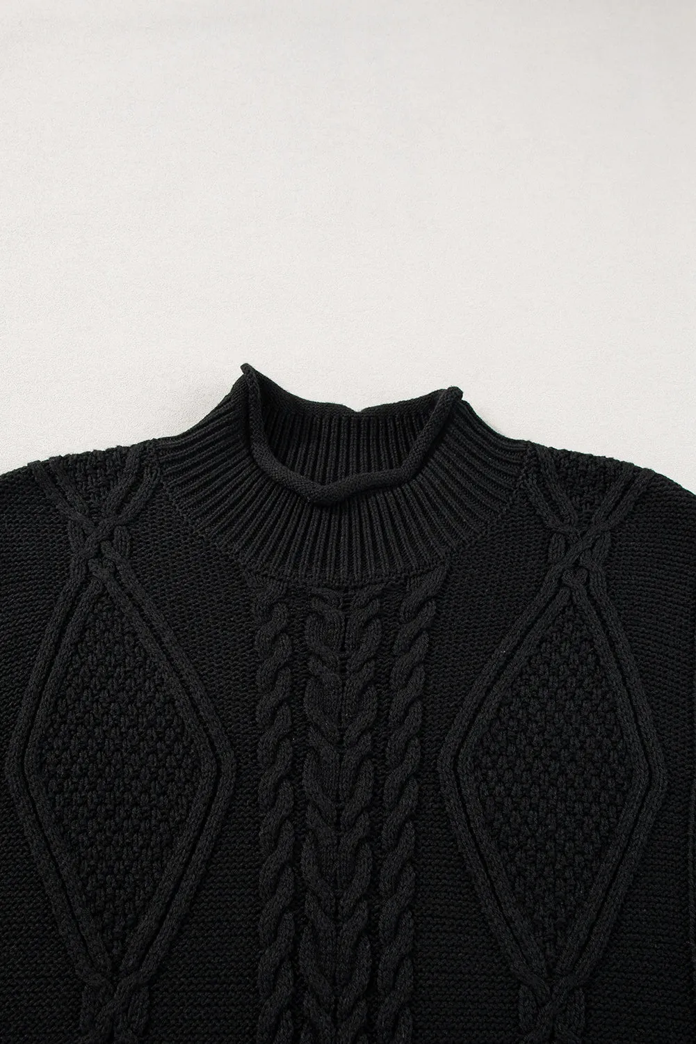 Black Solid Color Dolman Sleeve Twist Cable Knit Top