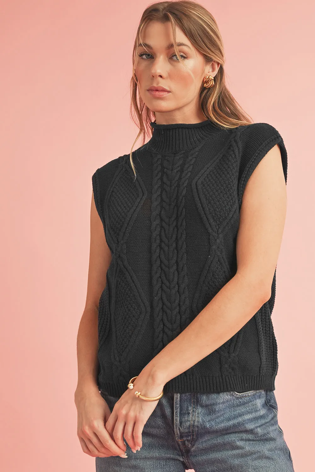 Black Solid Color Dolman Sleeve Twist Cable Knit Top