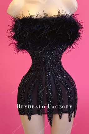 Black Strapless Feathered Crystal Mini Bodycon Dress