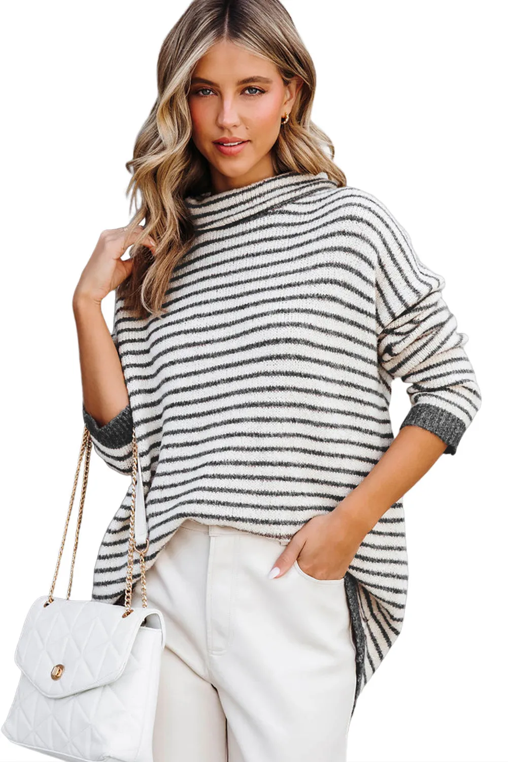 Black Striped Turtleneck Long Sleeve Sweater