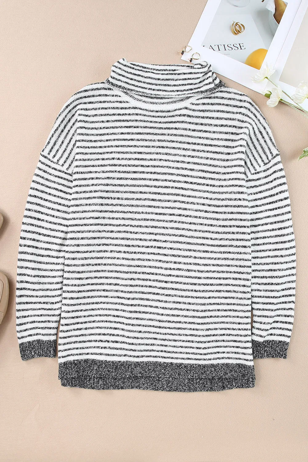 Black Striped Turtleneck Long Sleeve Sweater