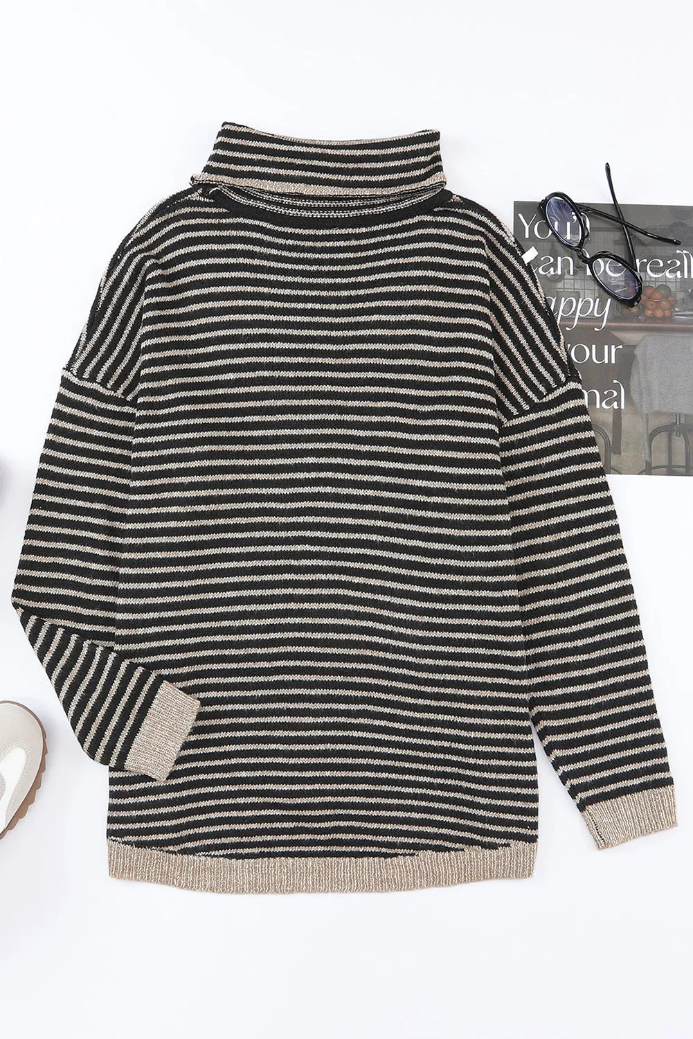 Black Striped Turtleneck Long Sleeve Sweater