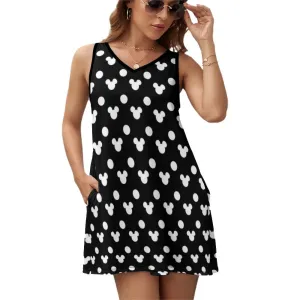 Black With White Mickey Polka Dots Sleeveless Sundress With Pockets