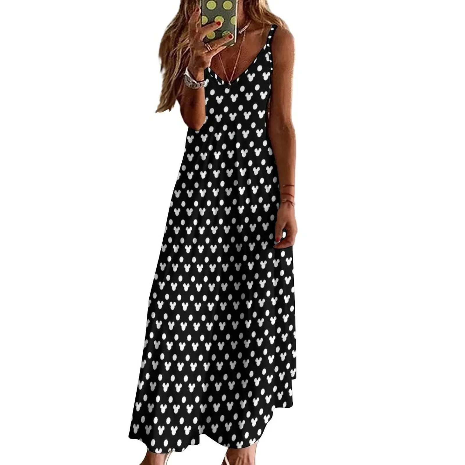 Black With White Mickey Polka Dots Women's Summer Slip Long Dress