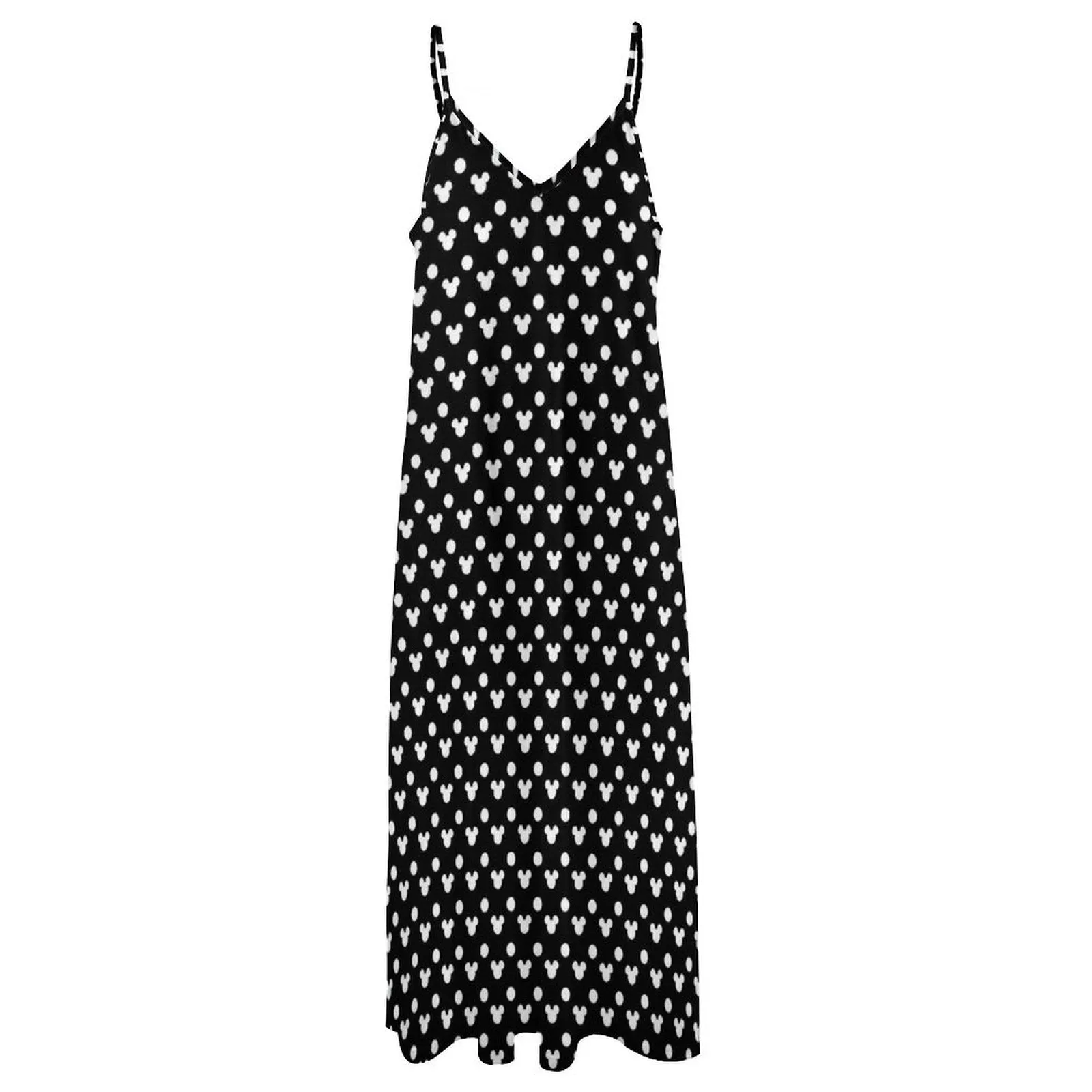 Black With White Mickey Polka Dots Women's Summer Slip Long Dress