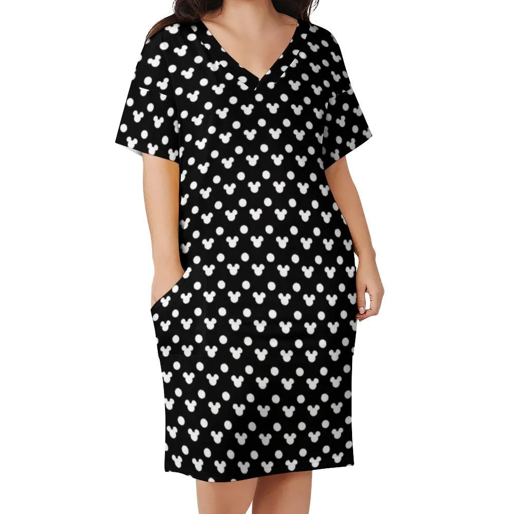 Black With White Mickey Polka Dots Women's V-neck Loose Dress With Pockets