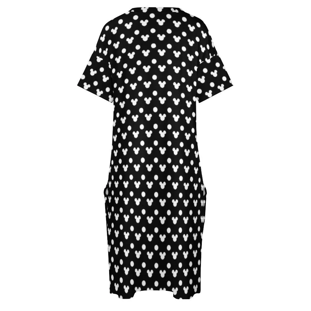 Black With White Mickey Polka Dots Women's V-neck Loose Dress With Pockets