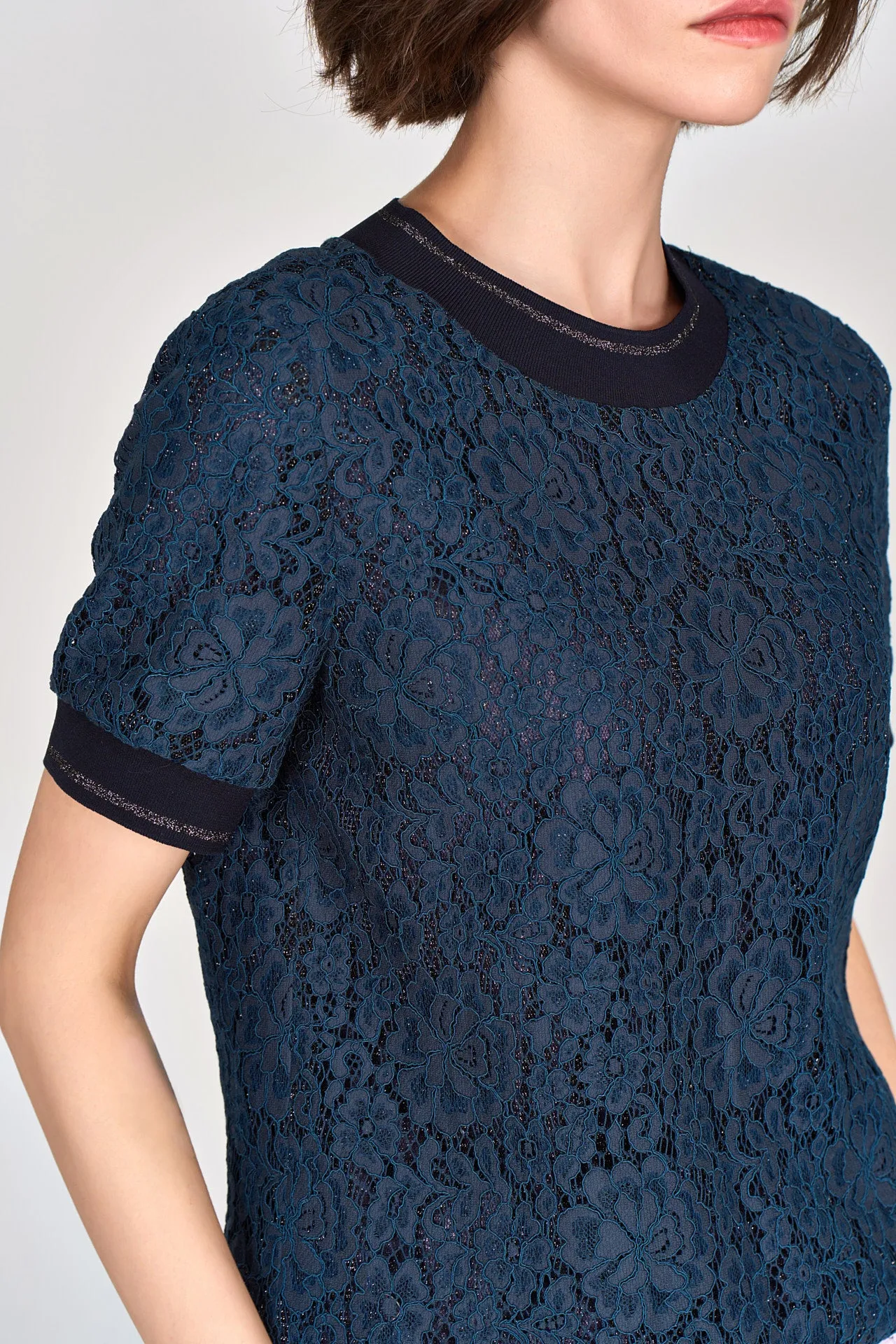 Blue Lace Crew Neck Top