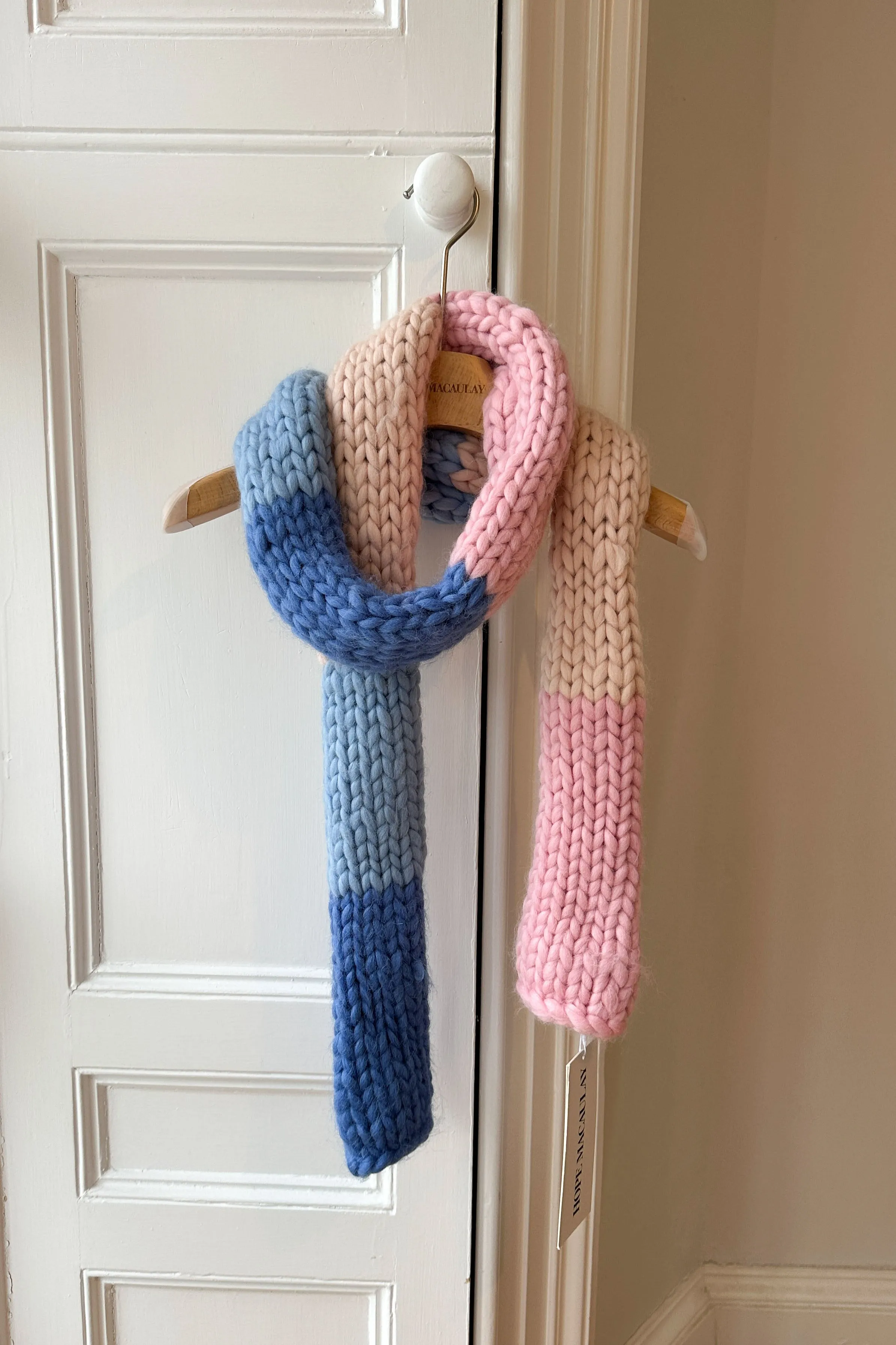 Blue, Pink and Cream Chunky Knit Scarf (Sample)