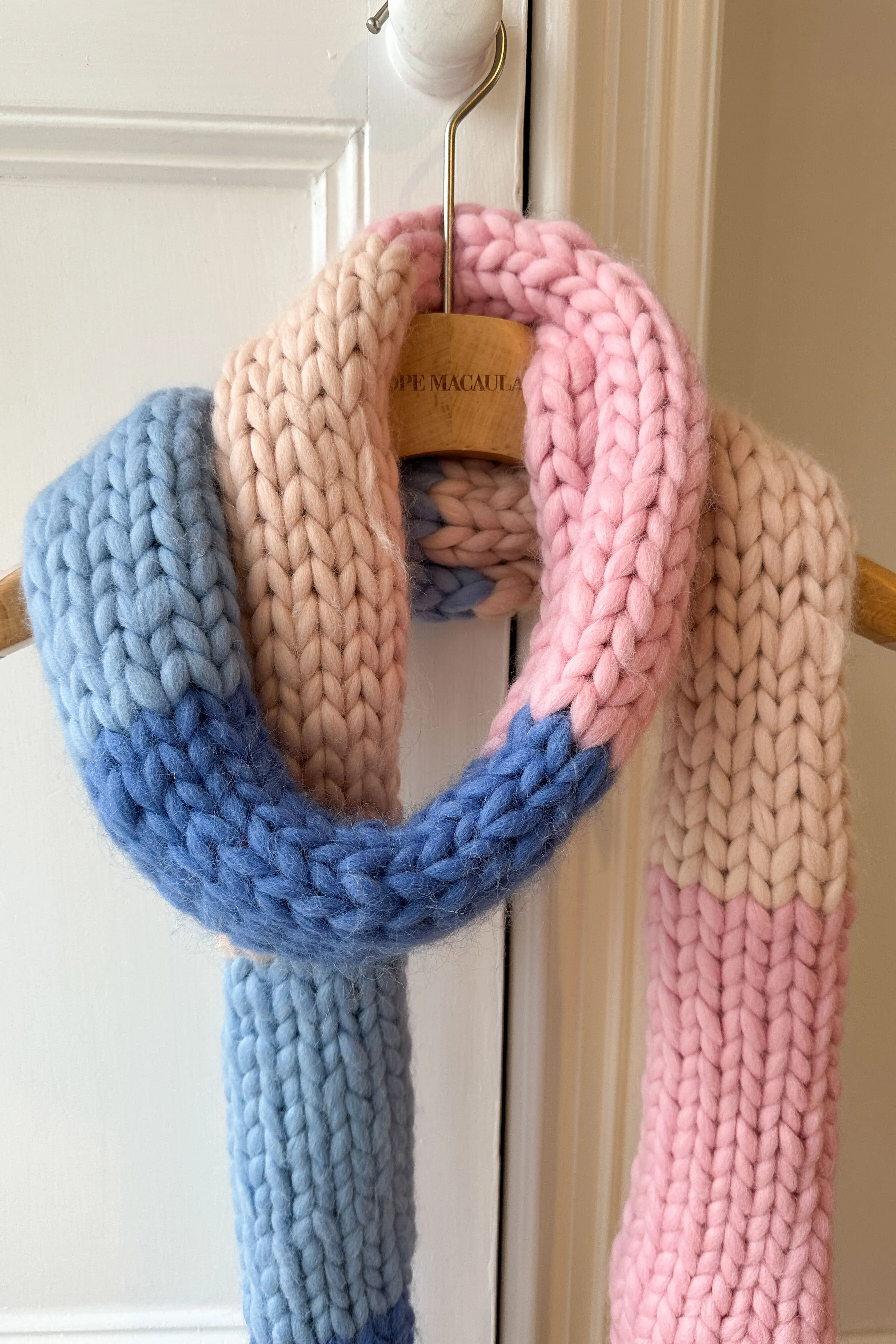 Blue, Pink and Cream Chunky Knit Scarf (Sample)