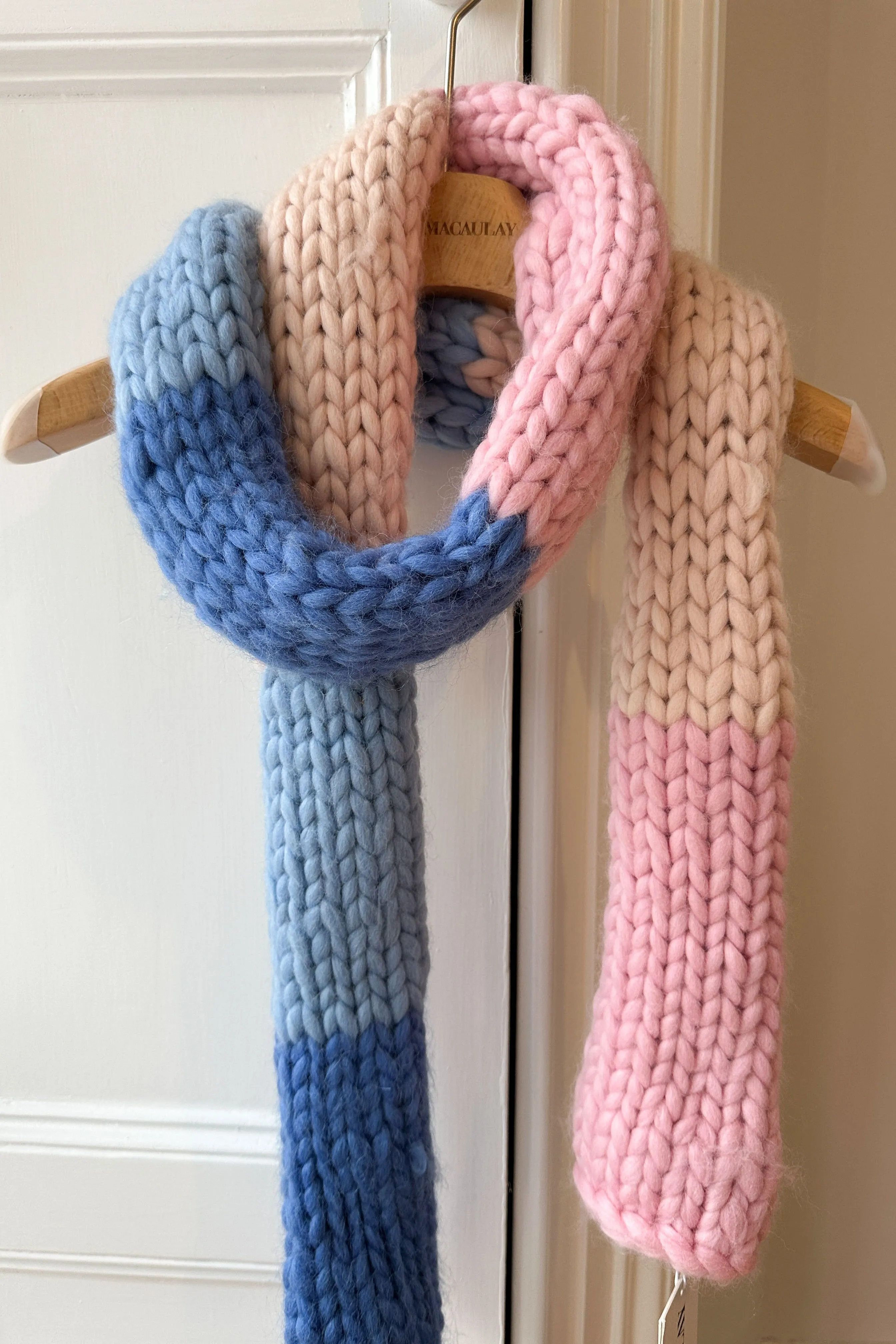 Blue, Pink and Cream Chunky Knit Scarf (Sample)