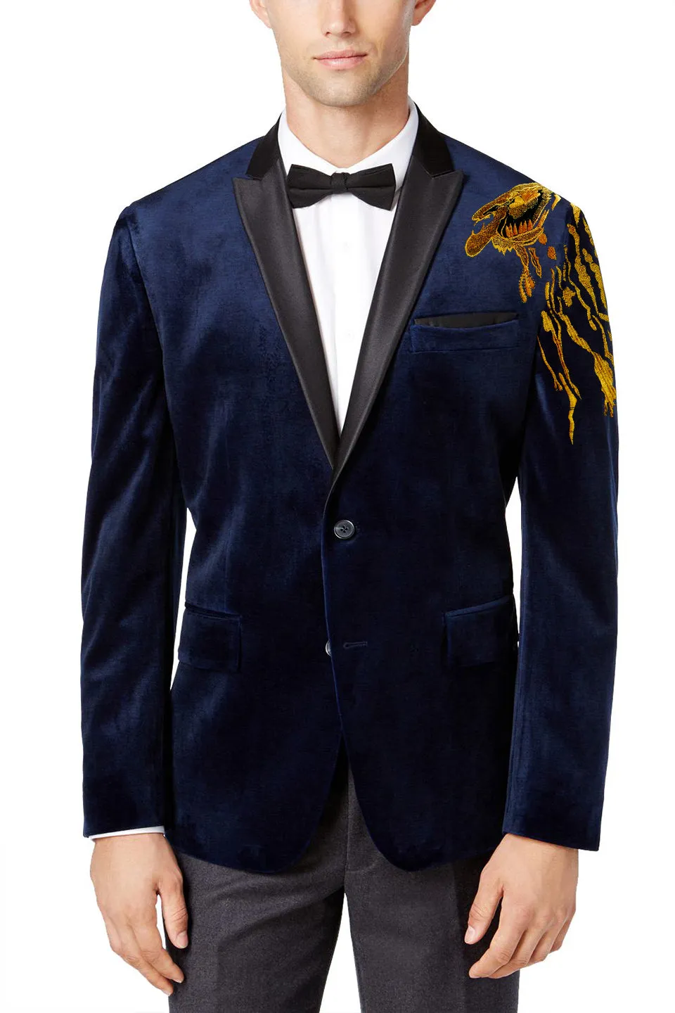 Blue Velvet Tuxedo Blazer with Gold Embroidery