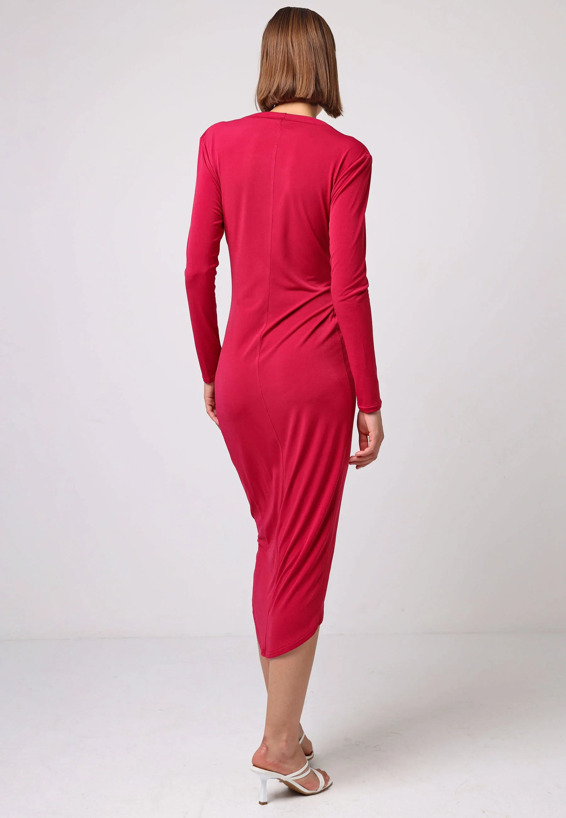 Bodycon Wrap Midi Dress With Long Sleeves In Fuchsia