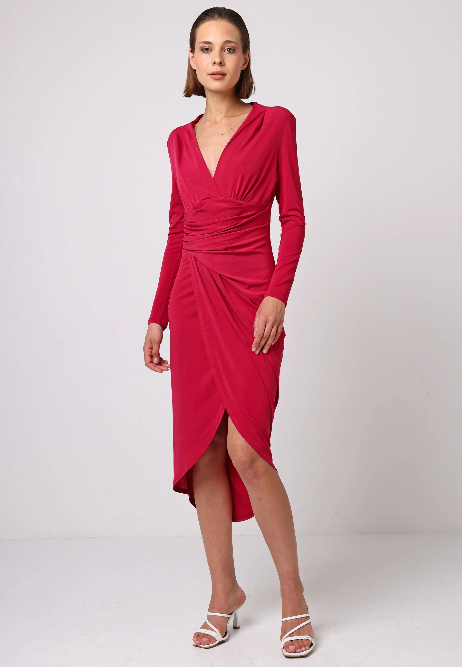 Bodycon Wrap Midi Dress With Long Sleeves In Fuchsia