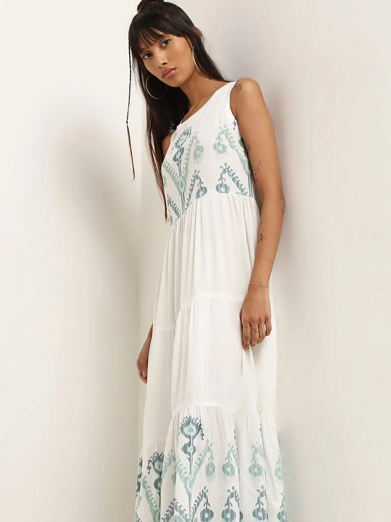 Bombay Paisley White Ikat Print Cotton Blend Tiered Dress