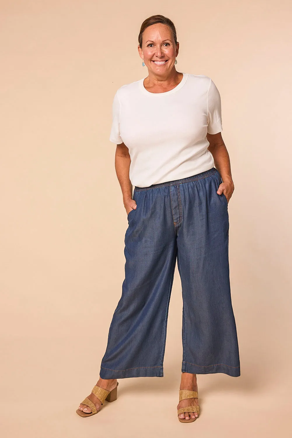 Breezy Petite Length Relaxed Tencel Pant in Mid Wash