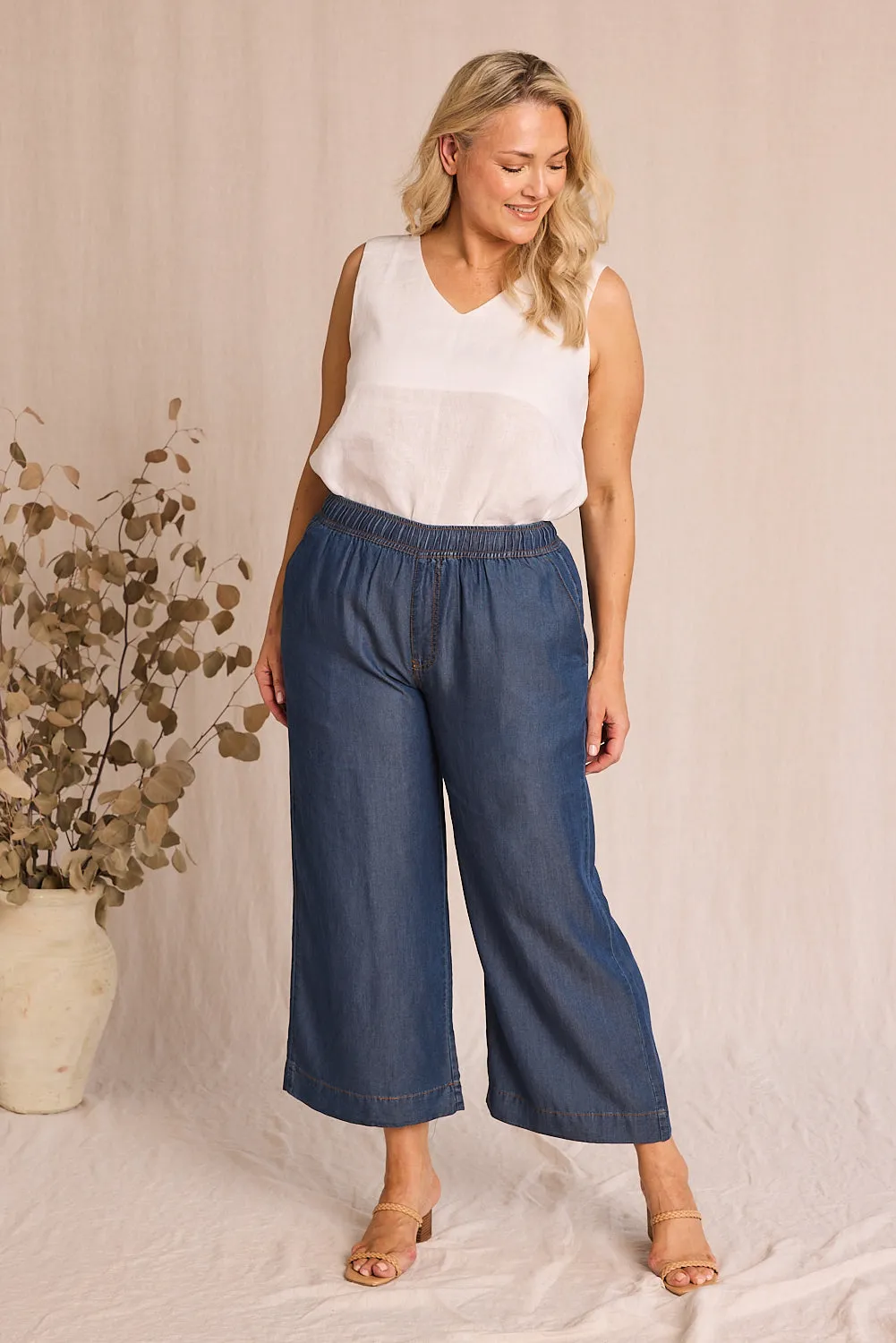 Breezy Petite Length Relaxed Tencel Pant in Mid Wash