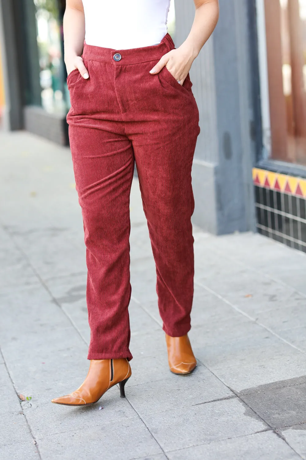 Burgundy High Rise Corduroy Pants With Pockets