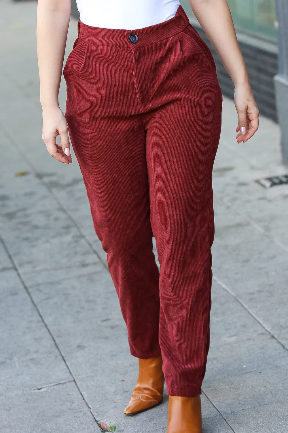 Burgundy High Rise Corduroy Pants With Pockets