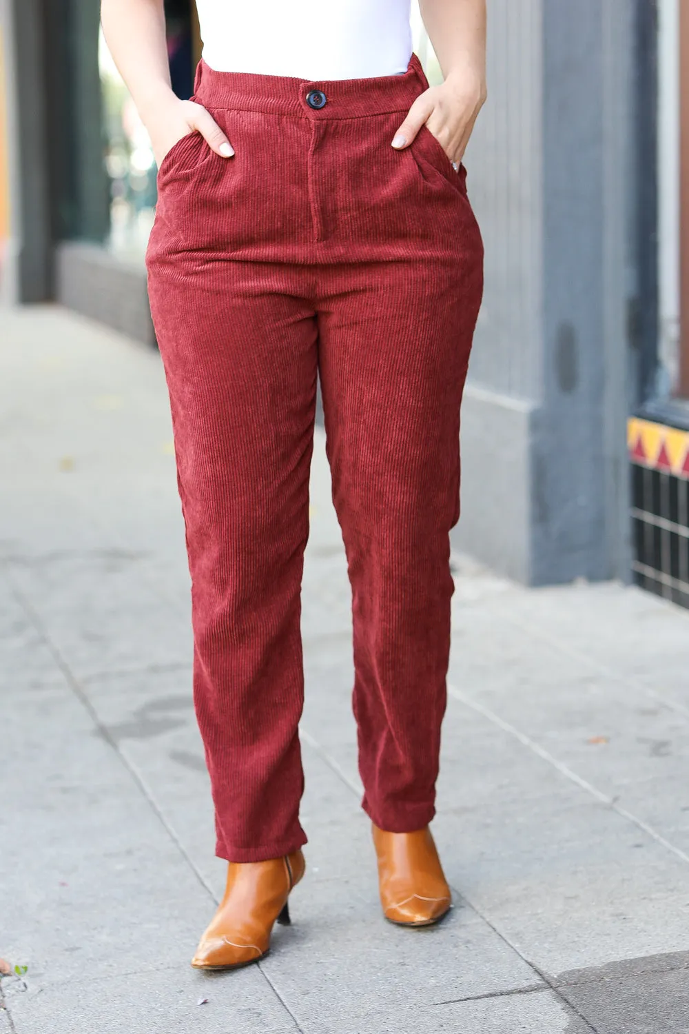 Burgundy High Rise Corduroy Pants With Pockets