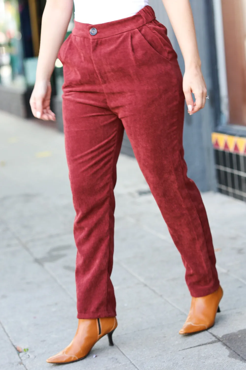 Burgundy High Rise Corduroy Pants With Pockets