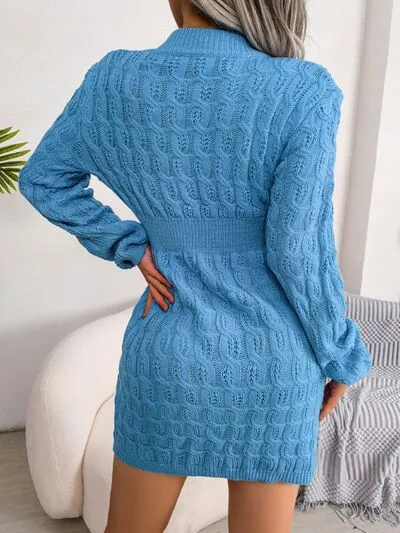 Cable-Knit Round Neck Mini Wrap Sweater Dress