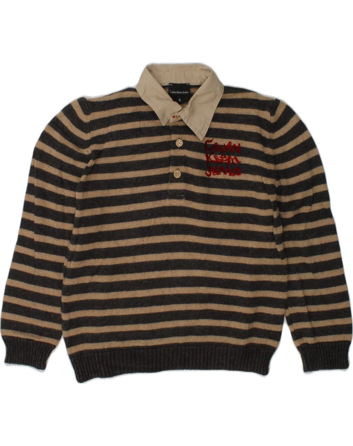 CALVIN KLEIN Boys Polo Neck Jumper Sweater 5-6 Years Black Striped Acrylic