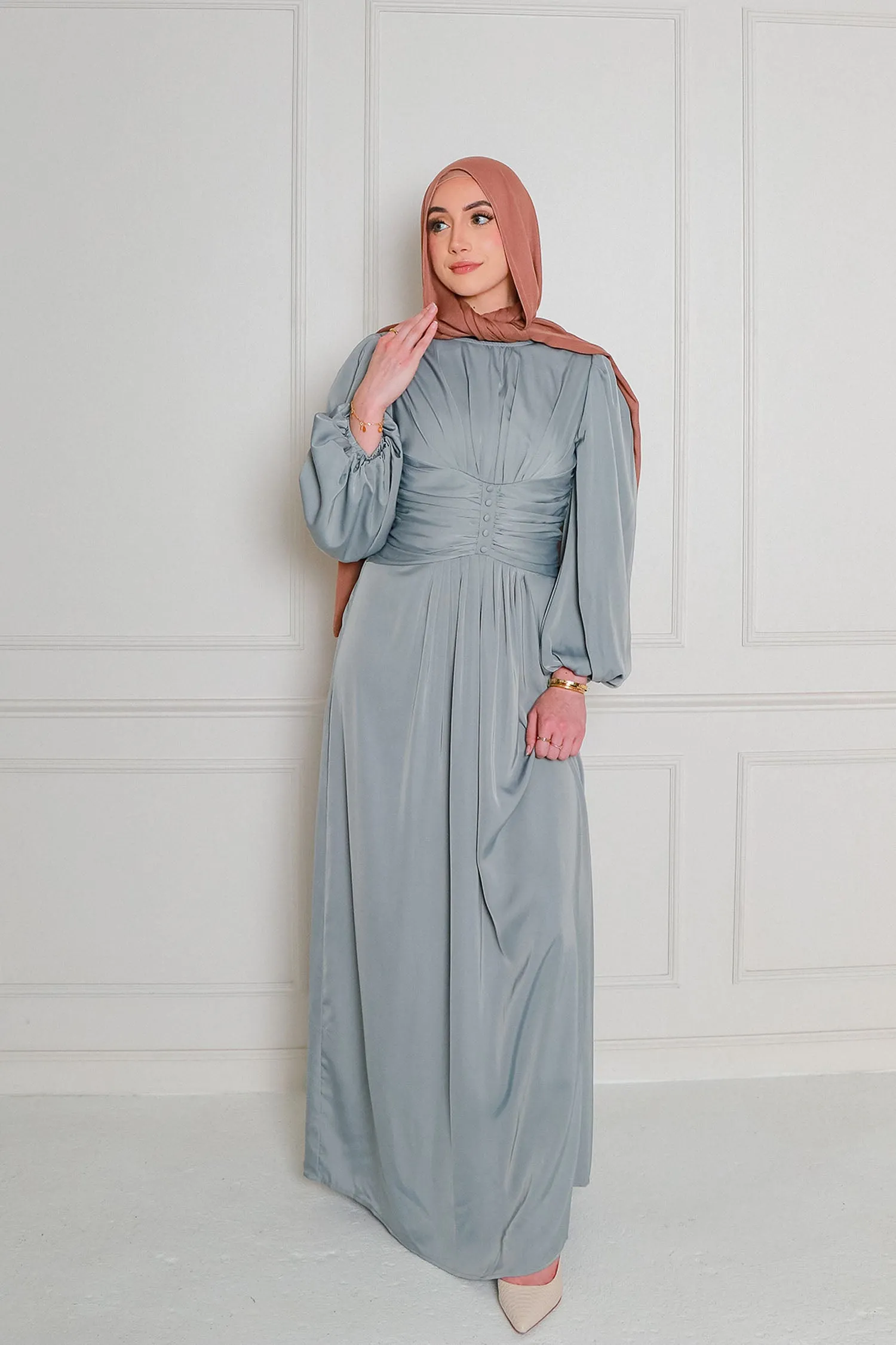 Cara Folds Satin Dress- Mint Gray