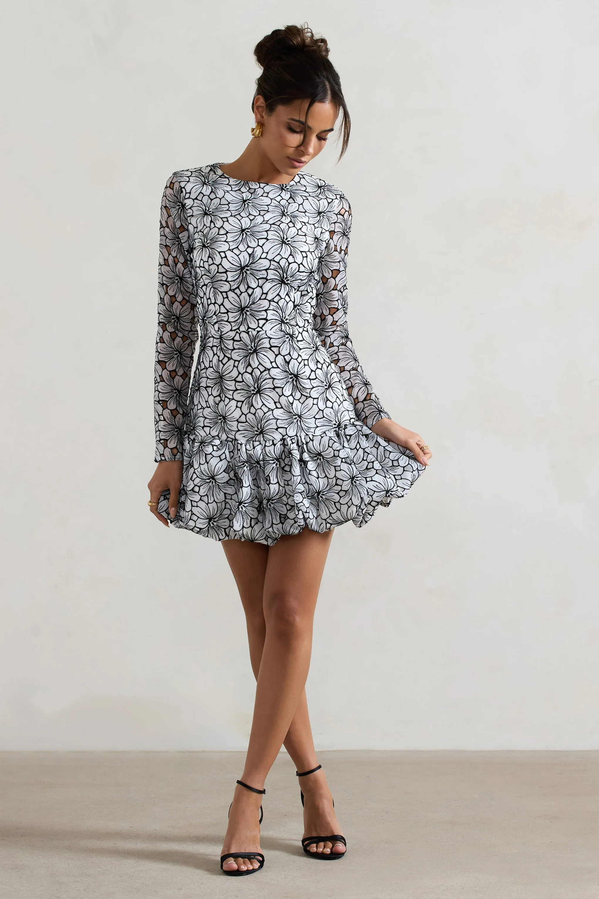 Claribel | Black & White Lace Long-Sleeve Mini Dress With Ruffle Hem