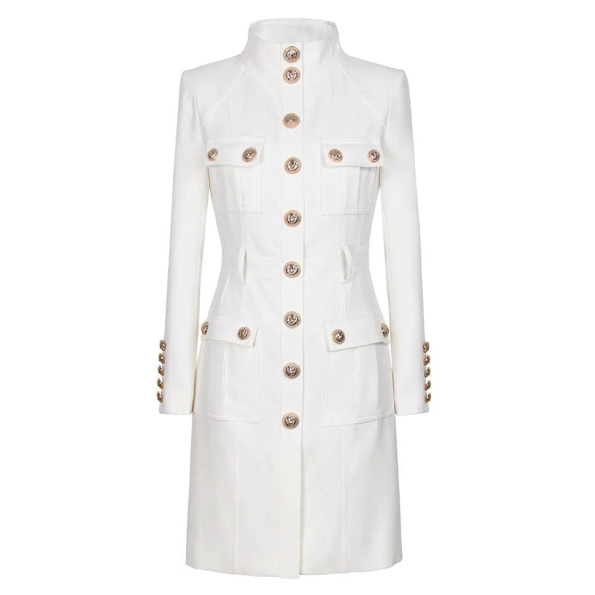 Classic Black White Turtleneck Slim Rivet Lion Head Buckle Long Sleeve All Match Dress Coat