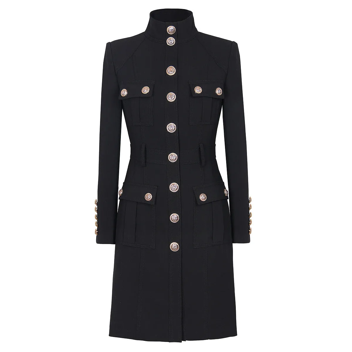 Classic Black White Turtleneck Slim Rivet Lion Head Buckle Long Sleeve All Match Dress Coat