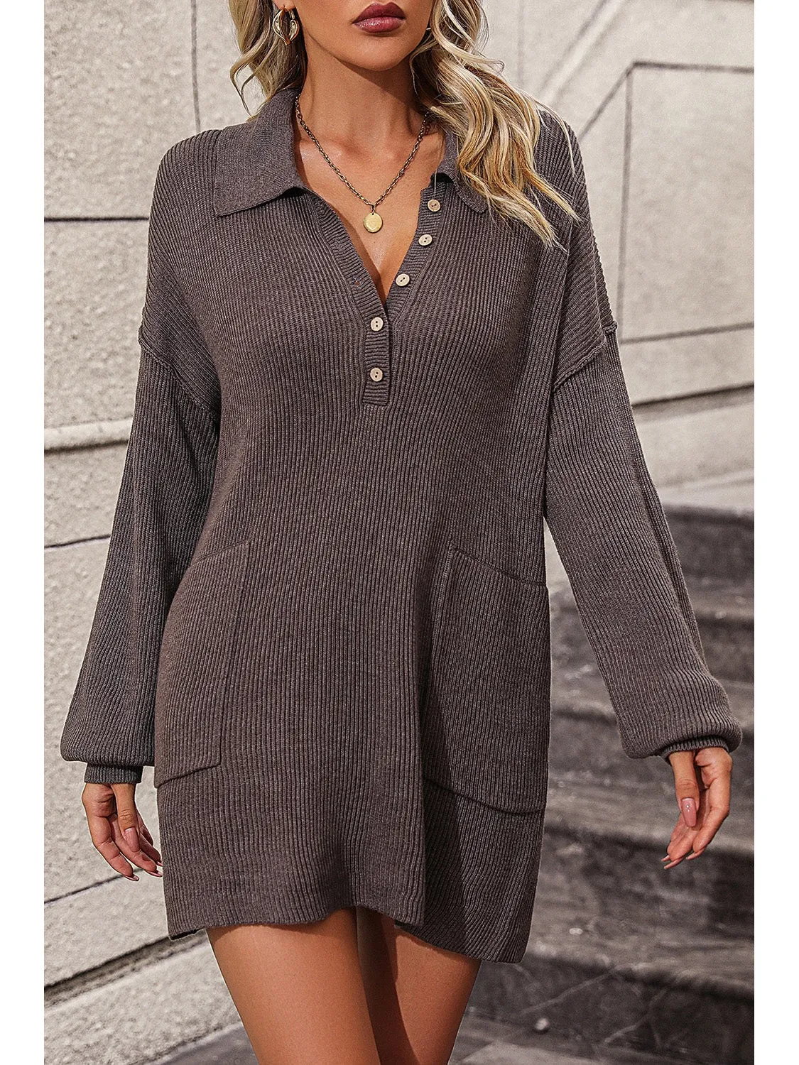 Collared Neck Long Sleeve Sweater Dress with Pockets