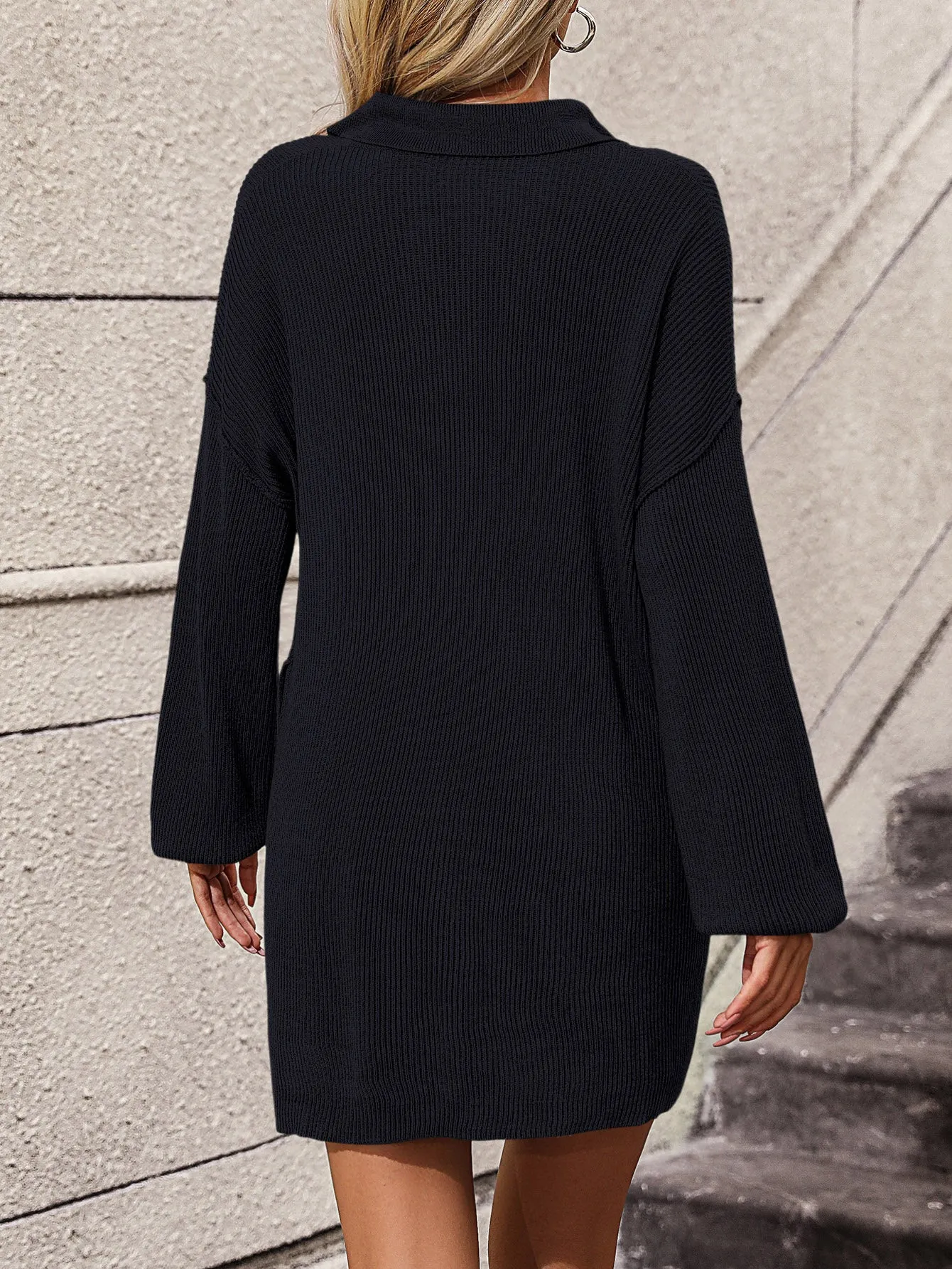 Collared Neck Long Sleeve Sweater Dress with Pockets