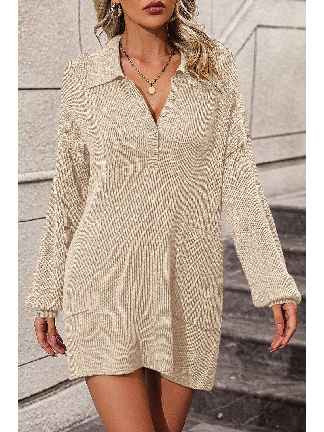 Collared Neck Long Sleeve Sweater Dress with Pockets