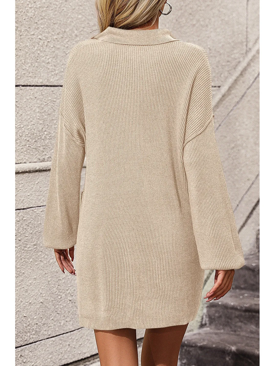 Collared Neck Long Sleeve Sweater Dress with Pockets