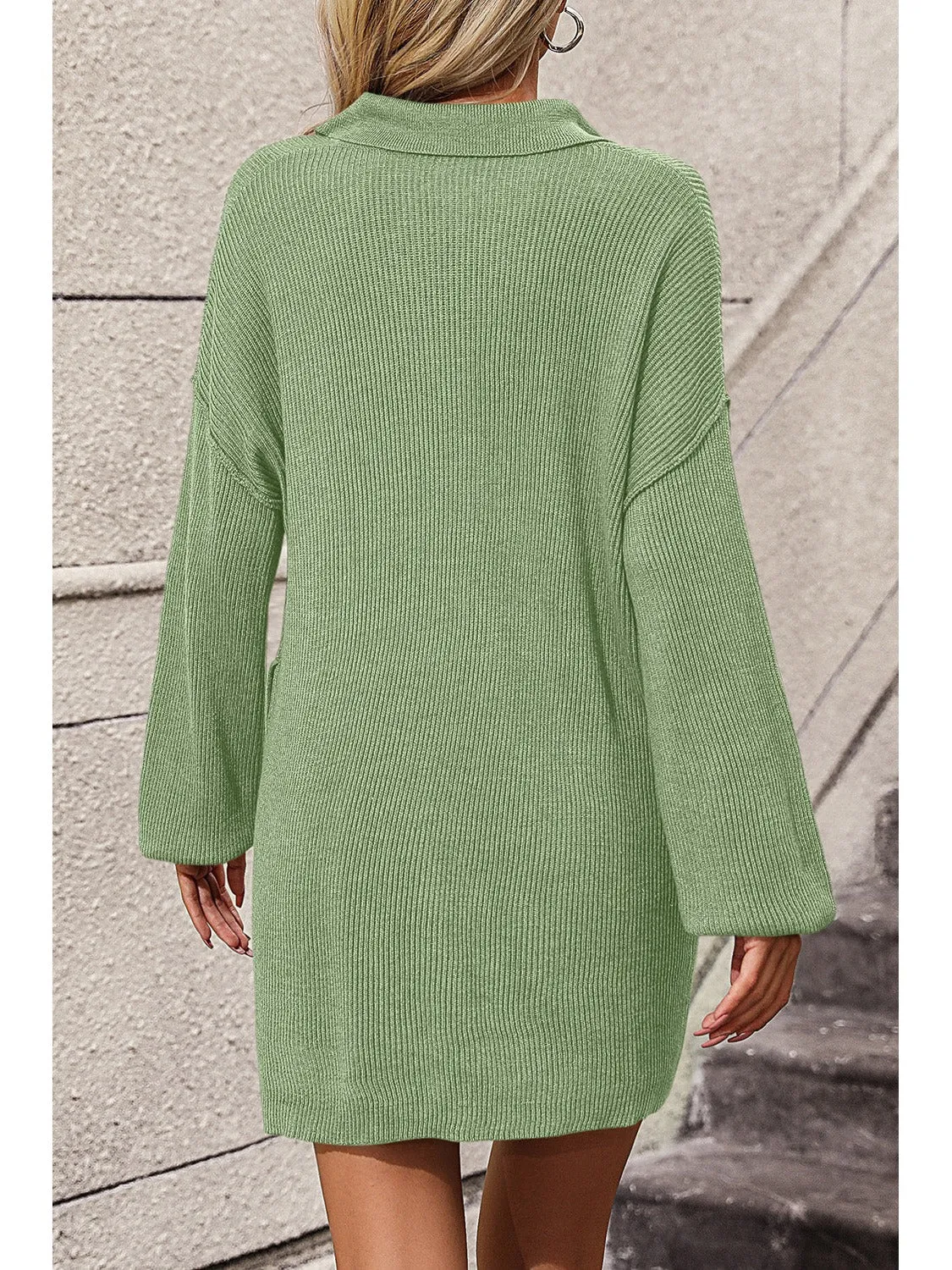 Collared Neck Long Sleeve Sweater Dress with Pockets