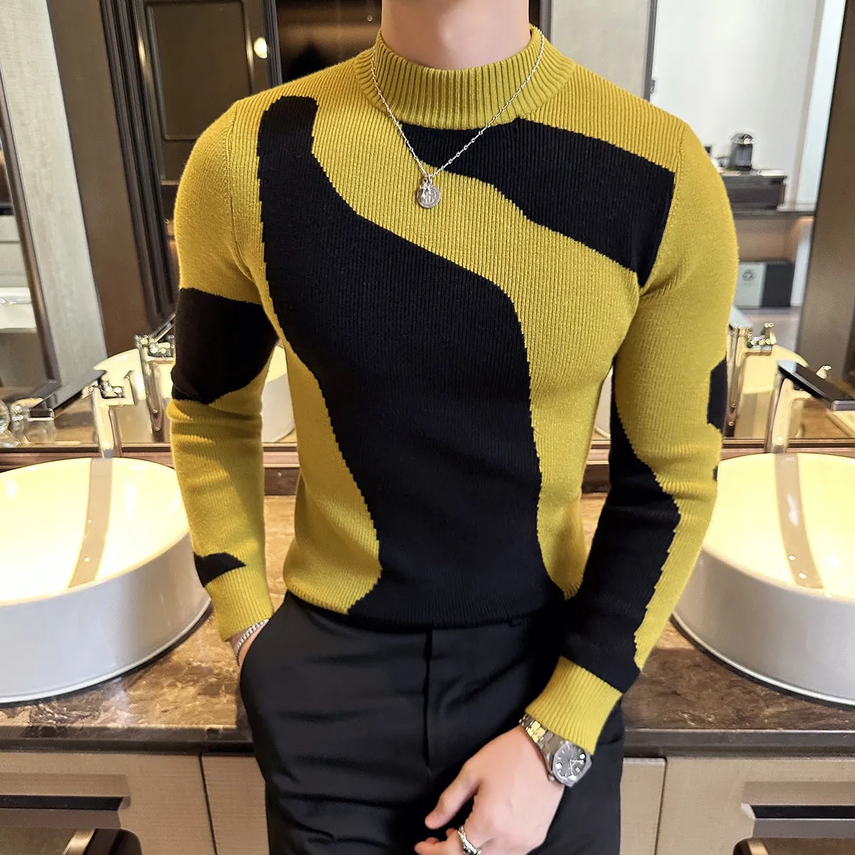 Color Block Slim Fit Half Turtleneck Knitted Bottoming Shirt