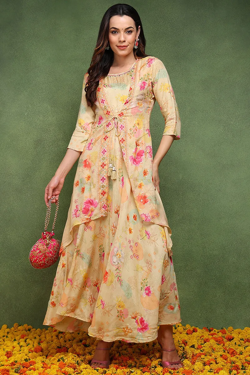 Cream Silk Blend Floral Embroidered Maxi Ethnic Dress With Longline Shrug