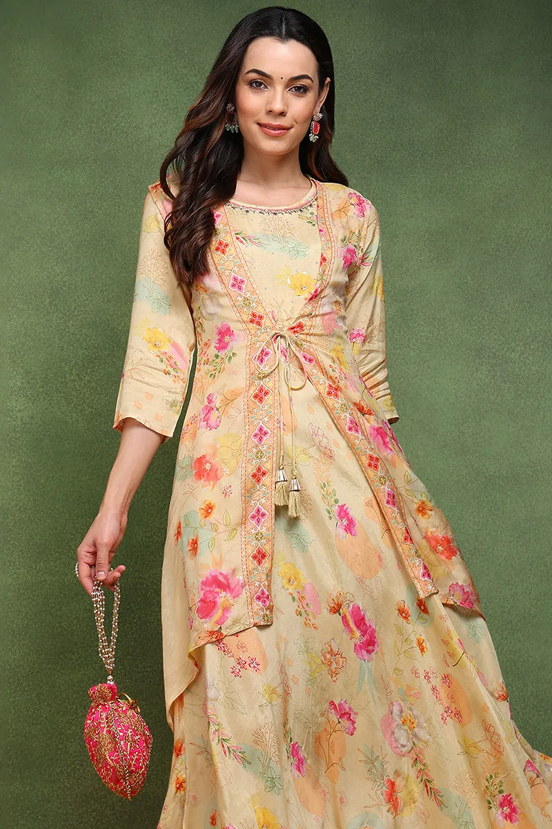 Cream Silk Blend Floral Embroidered Maxi Ethnic Dress With Longline Shrug