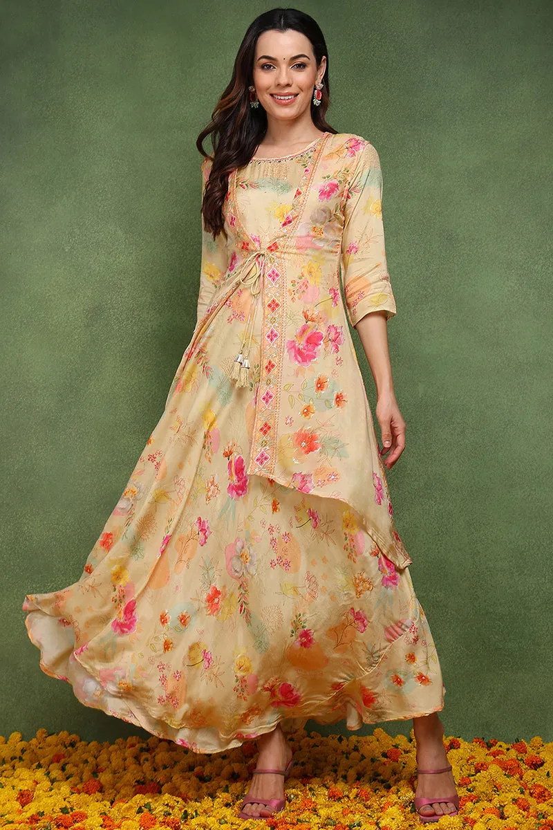 Cream Silk Blend Floral Embroidered Maxi Ethnic Dress With Longline Shrug